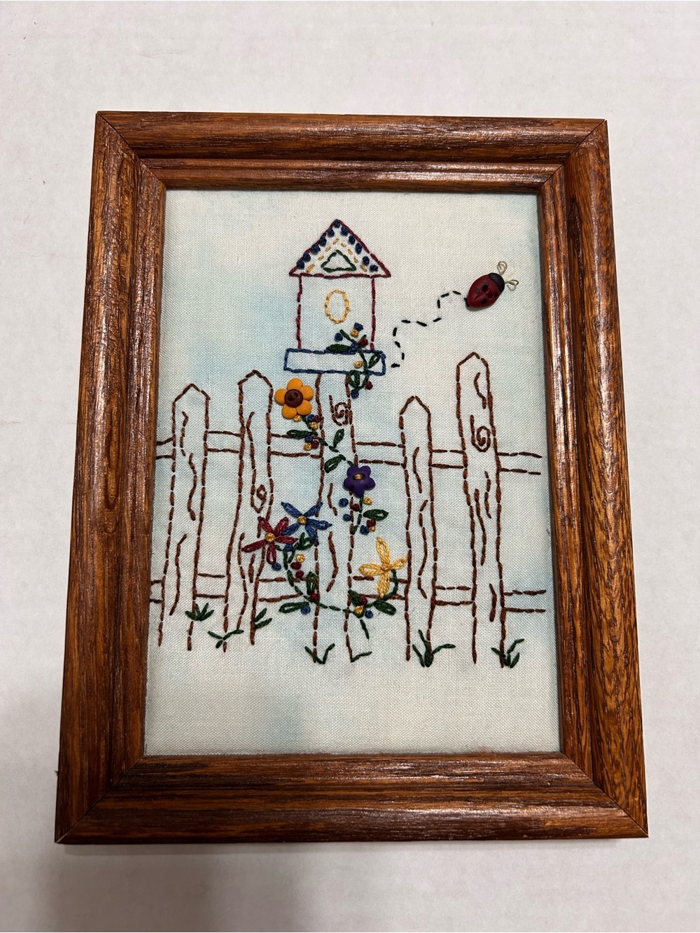 Vintage Hand Embroidery Birdhouse Fence Flowers Country Cottagecore Grandmacor